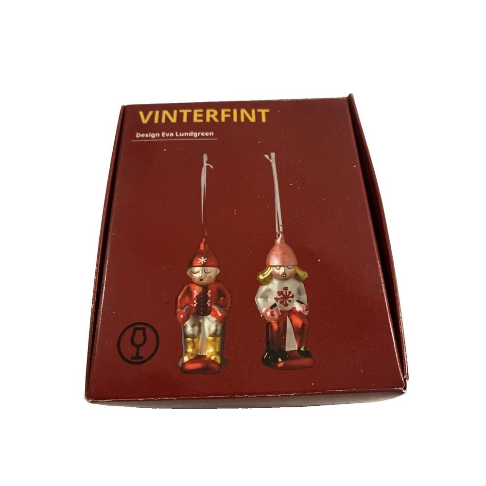 IKEA VINTERFINT 2022 Glass Christmas Ornaments Set 2 Nordic Skiers Eva Lundgreen